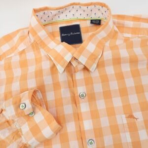 Tommy Bahama Orange Gingham Button Down Shirt Mens XXL Pima Cotton Pocket Casual